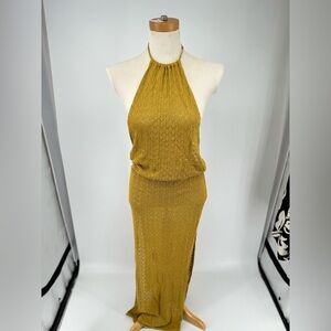 8 Birdies Mustard Yellow Crotchet Knit Halter Open Back Swim Coverup